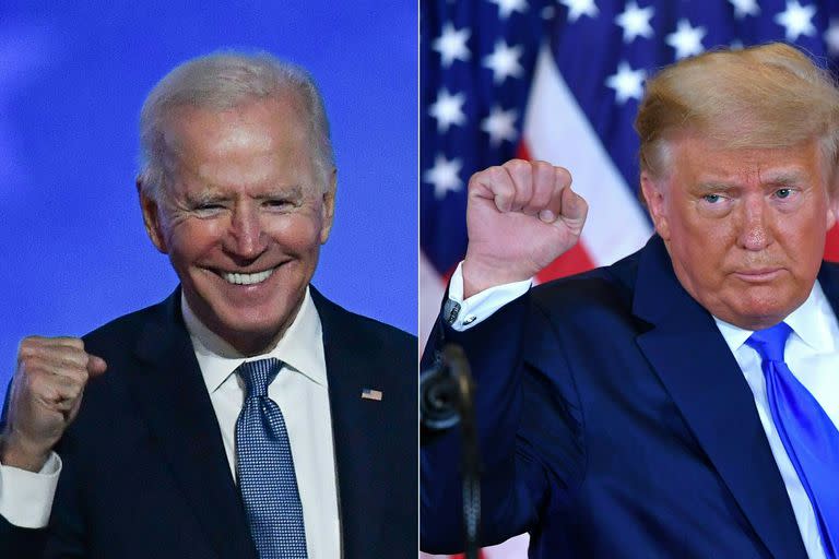 Esta combinación de imágenes de archivo creadas el 4 de noviembre de 2020 muestra al candidato presidencial demócrata Joe Biden (izq.) en Wilmington, Delaware, y al presidente estadounidense Donald Trump (der.) en Washington, DC, ambos durante un discurso de la noche electoral a principios del 4 de noviembre de 2020.