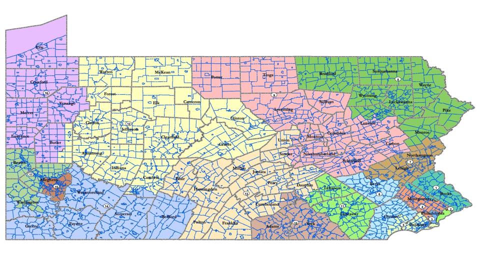 A proposed Pennsylvania congressional map approved by House Republicans and advanced by a state Senate panel.