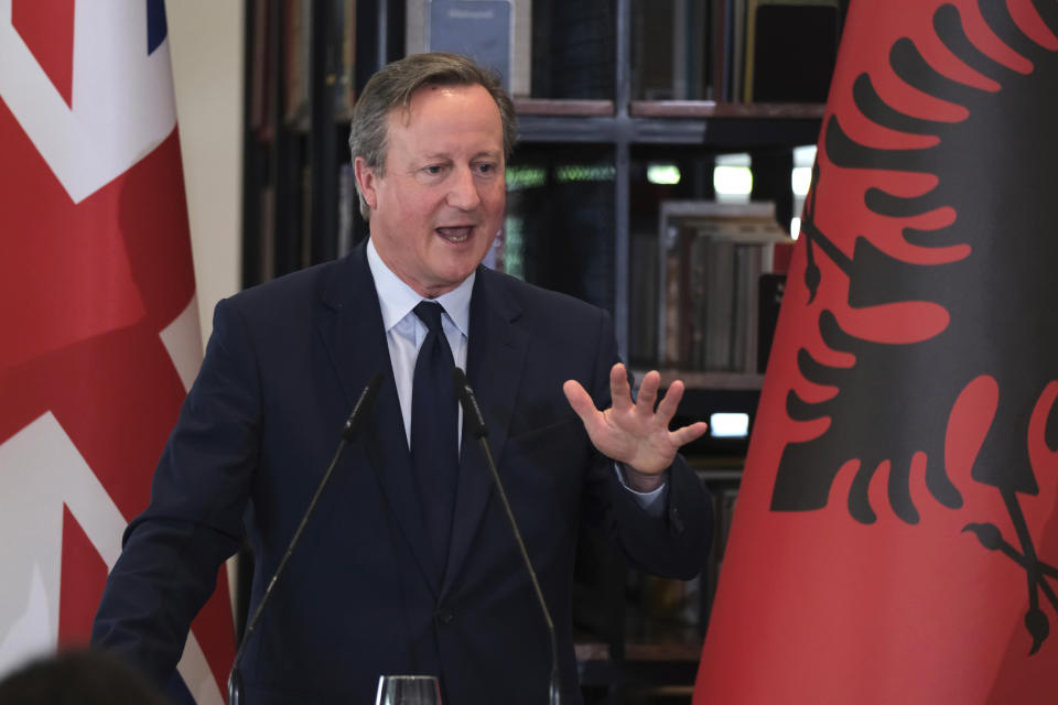 British Foreign Secretary David Cameron speaks during a news conference with Albania's Prime Minister Edi Rama in Tirana, Albania, Wednesday, May 22, 2024. Cameron hailed progress in a U.K.-Albania joint effort to cut illegal migration. (AP Photo/Vlasov Sulaj)