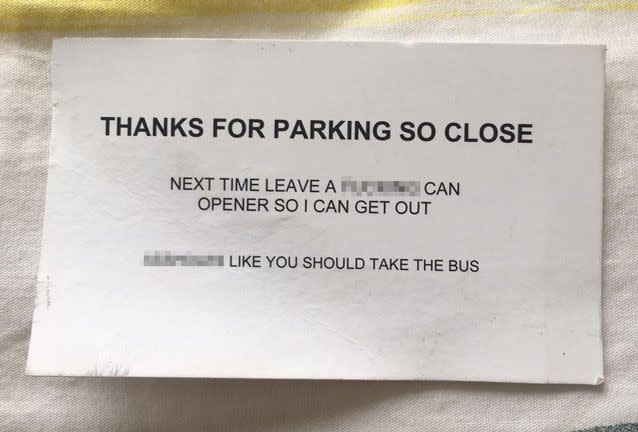 The note left on Ms Clarke's car. Source: Facebook/ Jo Clarke