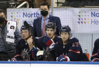 FILE - In this March 17, 2021, file pool photo, New York Rangers associate general manager Chris Drury works the bench during an NHL hockey game against the Philadelphia Flyers in New York. The Rangers are heading into the season with a much different look. Drury is the new general manager and Gerard Gallant has replaced David Quinn as the coach. (Bruce Bennett/Pool Photo via AP, File)