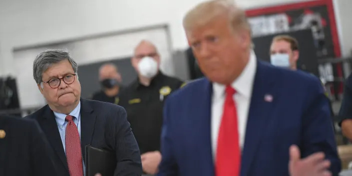Bill Barr and Donald Trump stand across each other in a small room with masked federal law enforcement officers.