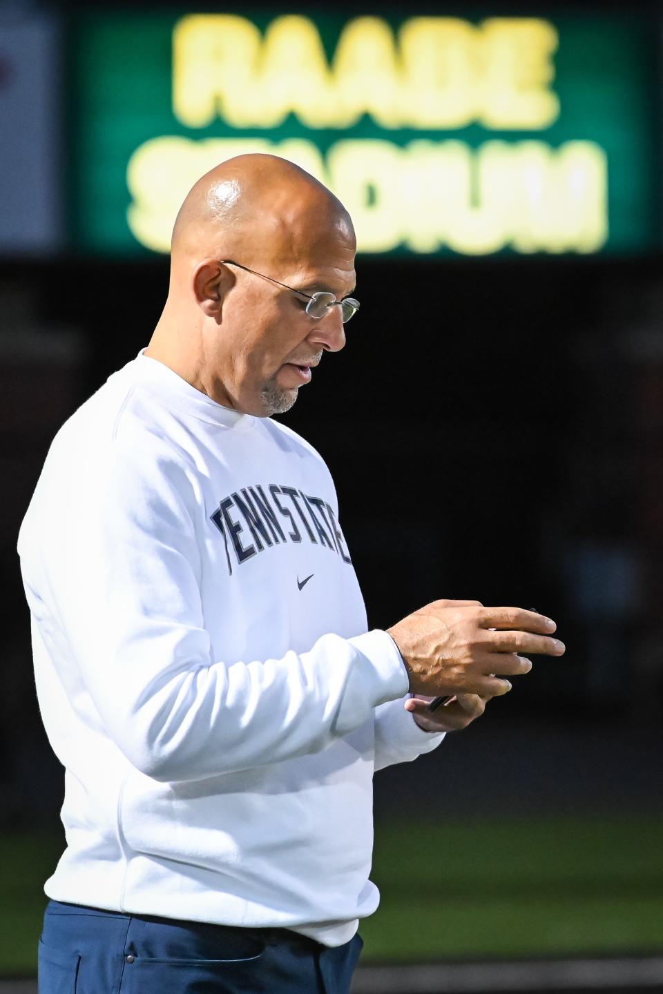 Penn State head coach James Franklin stands on the Catholic Memorial sideline before a game against Pius XI on Friday at Raabe Stadium in Wauwatosa. Crusaders unning back Corey Smith and offensive lineman Donovan Harbour have committed to the Nittany Lions.