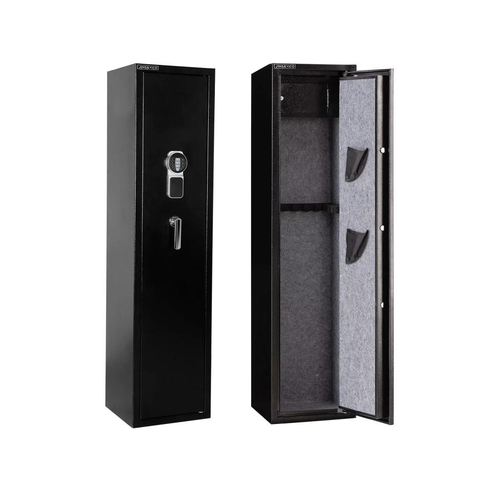 Side by side interior and exterior of black gun safe