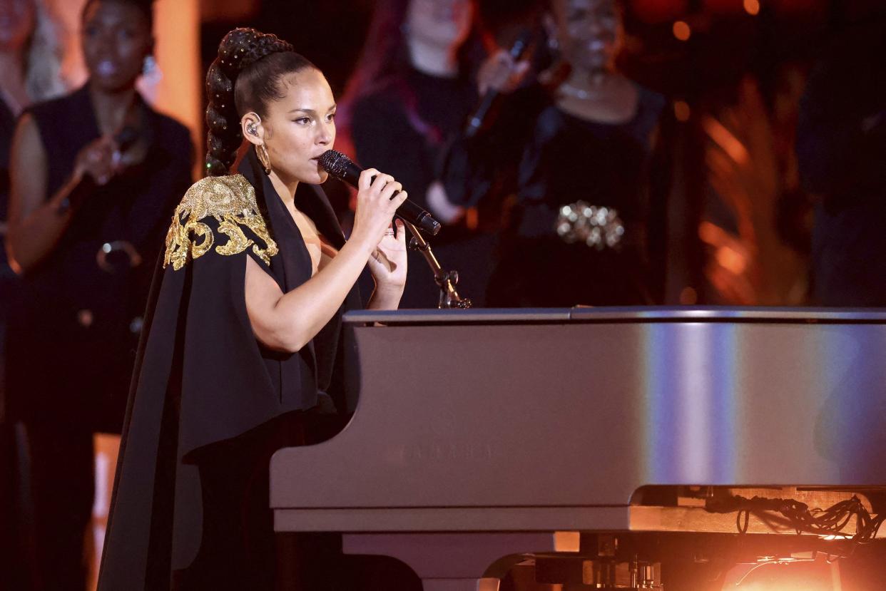 Alicia Keys performs at the Platinum Jubilee concert in front of Buckingham Palace in London on Saturday, June 4, 2022, on the third of four days of celebrations to mark the Platinum Jubilee.