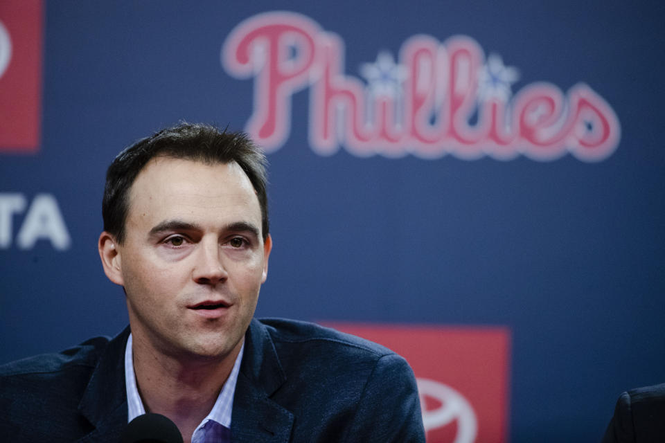 Philadelphia Phillies baseball team general manager Matt Klentak speaks with members of the media during a news conference in Philadelphia, Friday, Oct. 11, 2019. The Phillies fired manager Gabe Kapler on Thursday. (AP Photo/Matt Rourke)