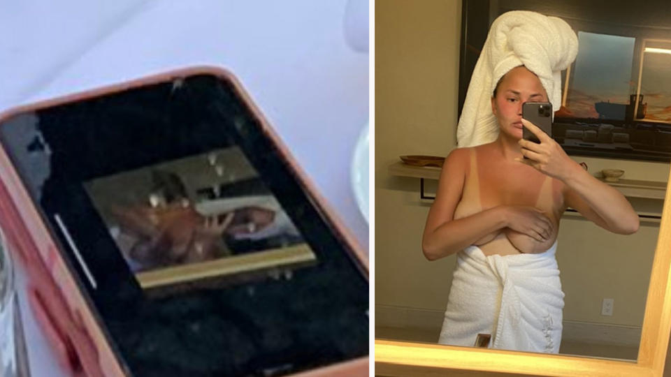 Chrissy Teigen in Judge Jeanine Pirro phone snap (left) and full topless photo (right)