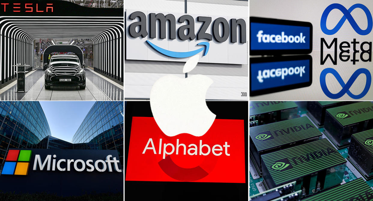 Magnificent Seven: Tesla, Microsoft, Alphabet, Apple, Meta, Amazon and Nvidia. ©Alamy/Getty/AP/Reuters