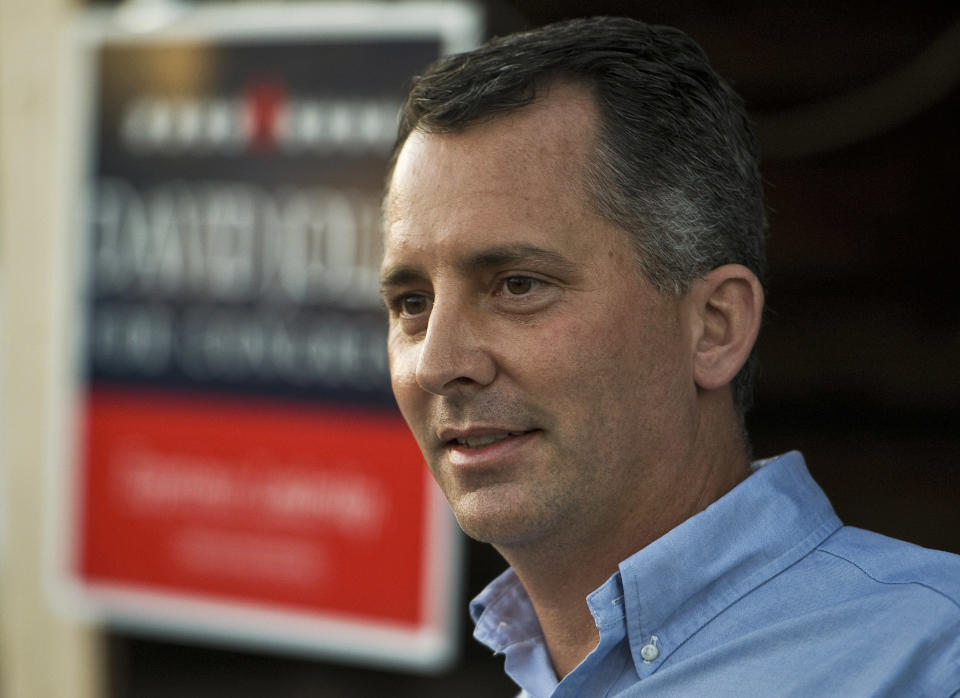 FILE - In this Nov. 23, 2013, file photo Republican David Jolly thanks supporters during a campaign rally in Indian Rocks Beach, Fla. Jolly is a candidate in the GOP primary for a special election to succeed the late Republican Rep. Bill Young, who died last month. Obamacare is on the ballot in a big way in a competitive House race in Florida that offers a preview of the nationwide campaign for Congress this fall. (AP Photo/Steve Nesius, File)