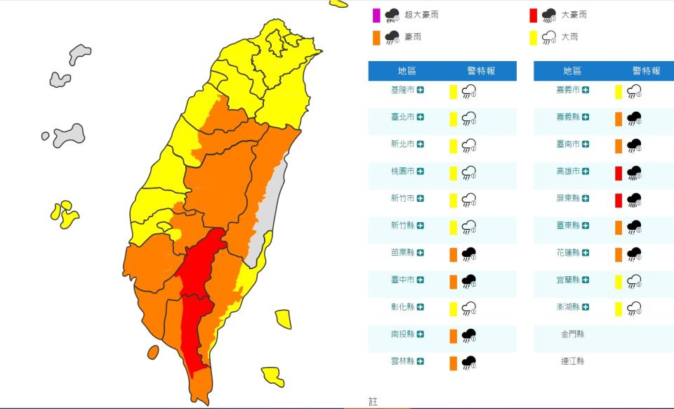 氣象局指出，今日大豪雨地區有：高雄市、屏東縣。大豪雨地區：高雄市、屏東縣。（圖／翻攝自中央氣象局）