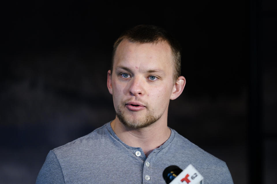 Andrei Doroshin speaks during a news conference in Philadelphia, Friday, Jan. 29, 2021. Philadelphia officials have shut down a COVID-19 vaccine clinic after concerns grew about Dorshin, the 22-year-old graduate student running the effort. (AP Photo/Matt Rourke)