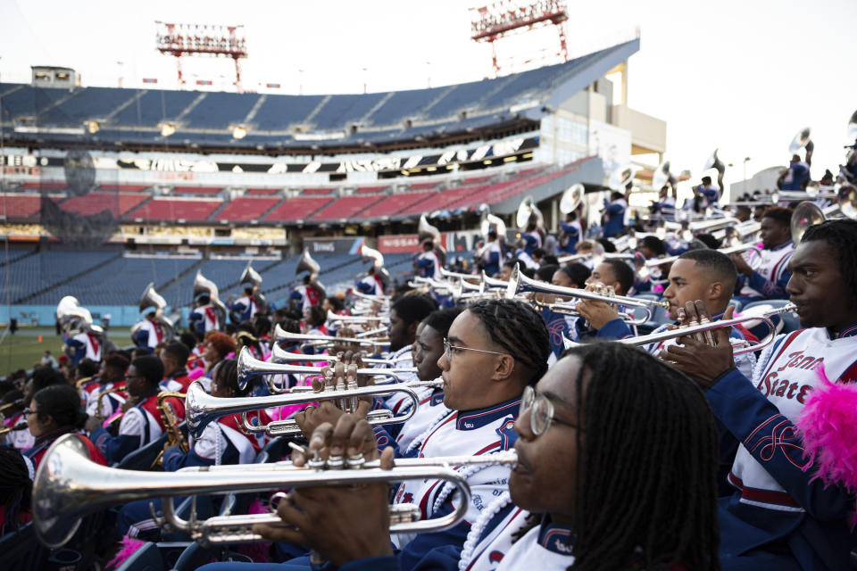 Members of the Tennessee State University marching band, known as the Aristocrat of Bands, perform on Oct. 8, 2022, in Nashville, Tenn. TSU is hoping to make history after their marching band was nominated for a Grammy in the roots gospel category. The historically Black university's Aristocrat of Bands teamed up with gospel songwriter and producer Sir the Baptist last year to record “The Urban Hymnal.” (Garrett E Morris via AP)