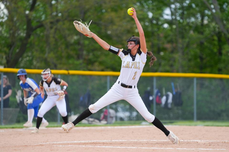 Lapel High School Bulldogs Karlie Jannings (2) pitches the ball to an Eastern Hancock Royals hitter, Friday, May 3, 2024, during the varsity girls softball game at Lapel High School in Lapel, Indiana. The Eastern Hancock Royals defeated the Lapel High School Bulldogs 2-1.