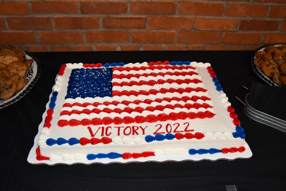 A cake with a message was on the table at the Sandusky County Republicans' watch party Tuesday night at Moonshine Nightclub in downtown Fremont.