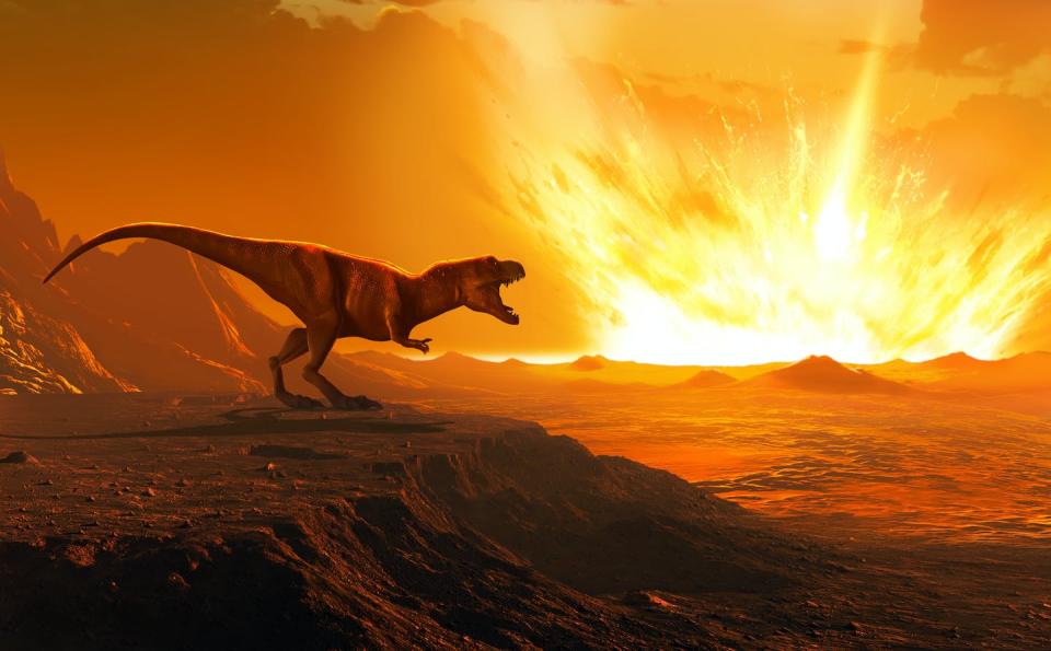 Artist’s illustration of a <em>T. Rex</em> watching as an asteroid strikes the Earth, 65 million years ago. The asteroid crash caused an extinction event that killed the dinosaurs. <a href="https://www.gettyimages.com/detail/illustration/tyrannosaurus-observing-asteroid-impact-royalty-free-illustration/1301755112?adppopup=true" rel="nofollow noopener" target="_blank" data-ylk="slk:Mark Garlick/Science Photo Library via Getty Images;elm:context_link;itc:0;sec:content-canvas" class="link ">Mark Garlick/Science Photo Library via Getty Images</a>