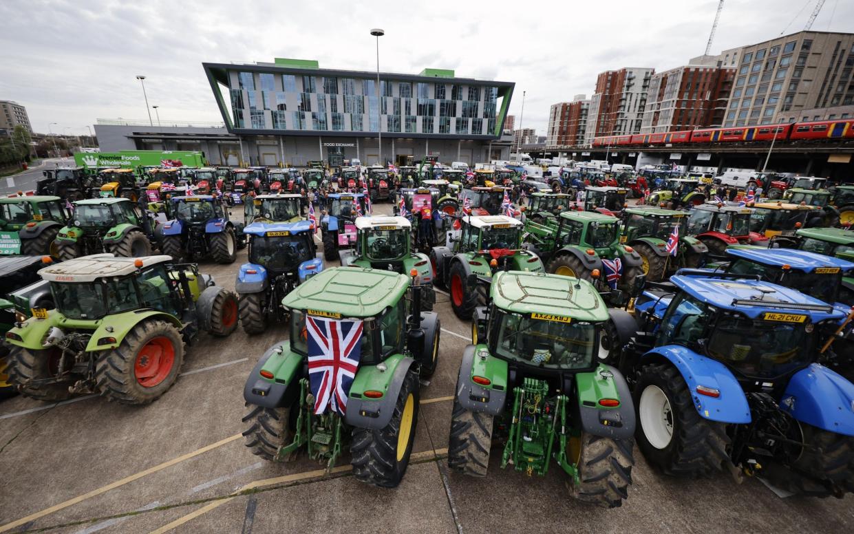 Farmers and tractors gather at New Covent Garden Markets ahead of a rally in Parliament Square