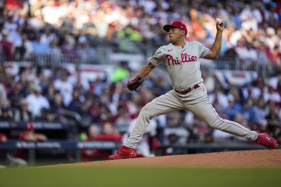 Philadelphia Phillies starting pitcher Ranger Suarez (55) delivers during the first inning of Game 1 of a baseball NL Division Series against the Atlanta Braves, Saturday, Oct. 7, 2023, in Atlanta. (AP Photo/Brynn Anderson)