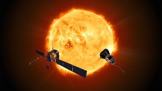 An ESA graphic highlighting how the Solar Orbiter, left, and NASA's Parker Solar Probe will work in concert to study the sun's powerful magnetic field and the electrically charged solar wind that directly impacts Earth's environment. / Credit: ESA