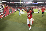 Kansas City Chiefs running back Clyde Edwards-Helaire (25) celebrates after of an NFL football game against the Tampa Bay Buccaneers Sunday, Oct. 2, 2022, in Tampa, Fla. The Chiefs won 41-31. (AP Photo/Jason Behnken)