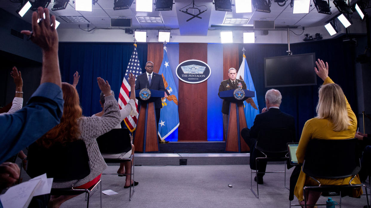 US Secretary of Defense Lloyd Austin III and Army General Mark Milley (R), Chairman of the Joint Chiefs of Staff, hold a press briefing about the US military drawdown in Afghanistan, at the Pentagon in Washington, DC September 1, 2021. (Saul Loeb/AFP via Getty Images)