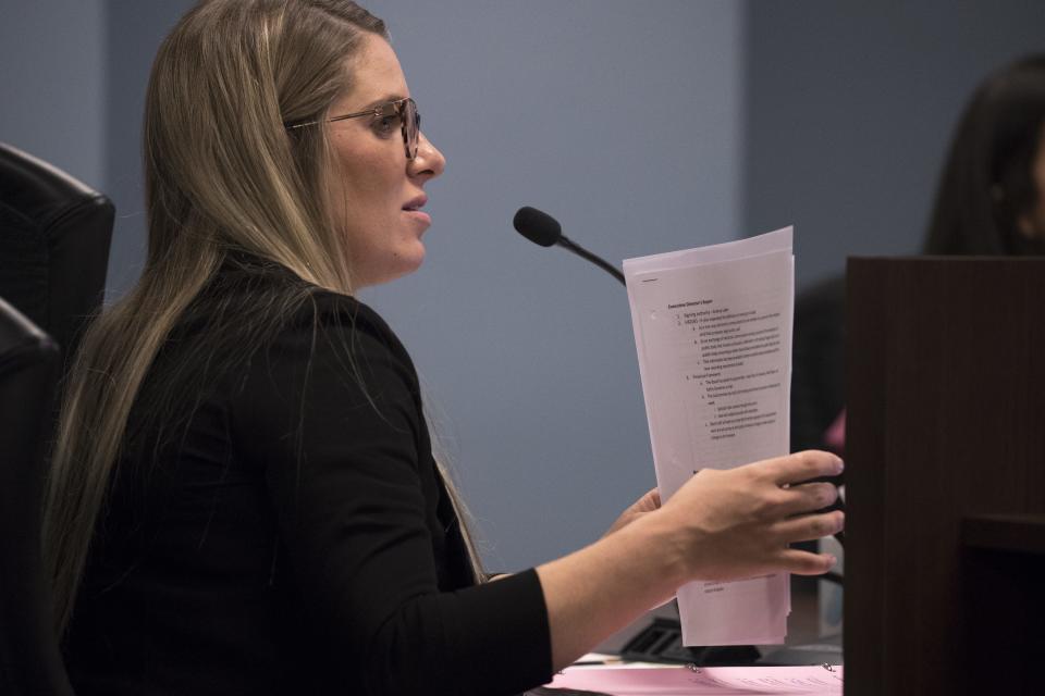 Ashley Berg, executive director of the Arizona State Board for Charter Schools, speaks during a meeting Sept. 10, 2018, at the Arizona Department of Education in Phoenix.