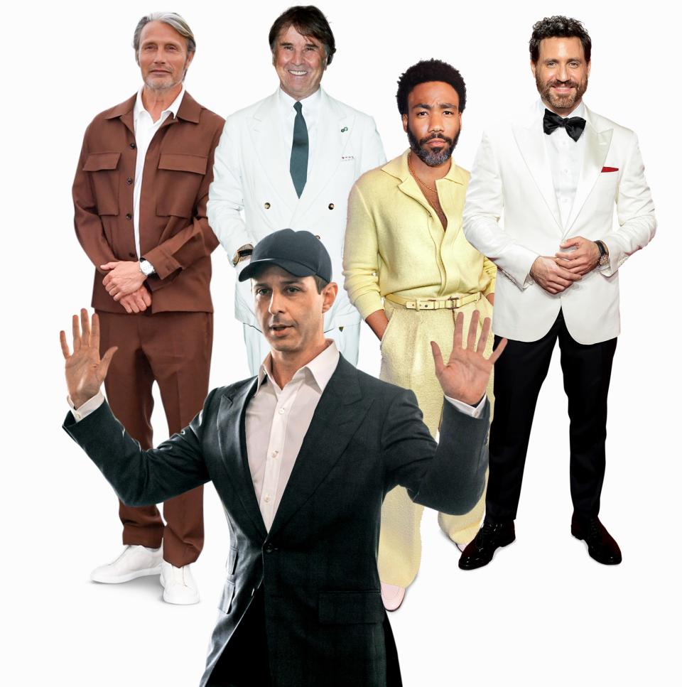Mads Mikkelsen and Donald Glover looked rich and relaxed in Zegna; the harmonious cult of Brunello Cucinelli (center left) gained a new member in Edgar Ramirez; Jeremy Strong (as Kendall Roy) turned Loro Piana into a household name.