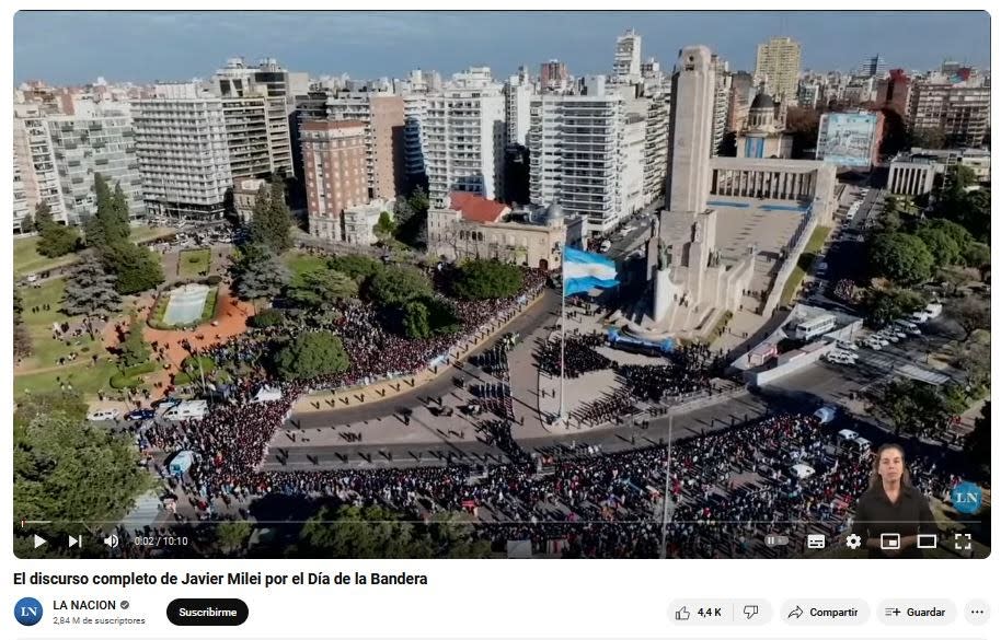 <span>Captura de pantalla de la emisión en YouTube de La Nación del acto por el Día de la Bandera de 2024, hecha el 24 de junio de 2024</span><div><span>Ana PRIETO</span></div>