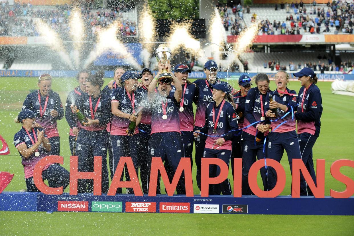 World champions: England women celebrate victory over India at Lord's: AP