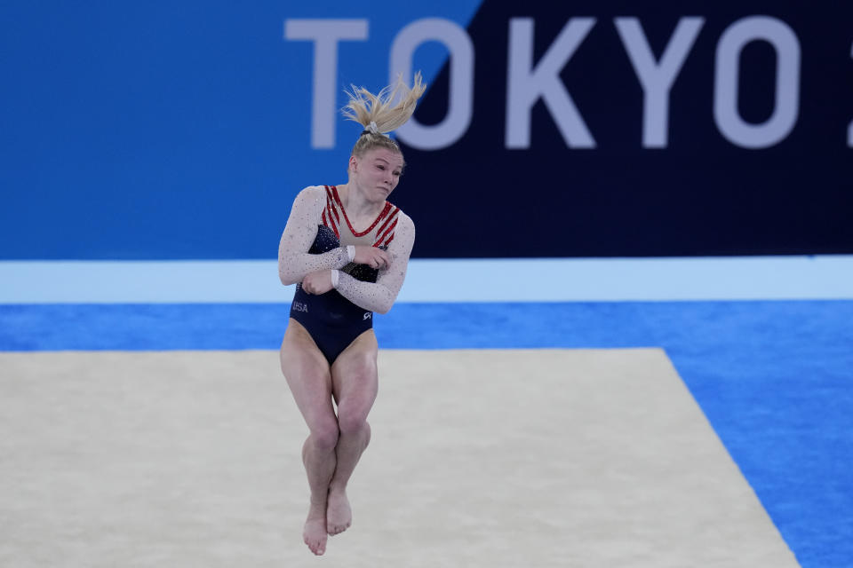 Jade Carey, of the United States, performs on the floor during the artistic gymnastics women's apparatus final at the 2020 Summer Olympics, Monday, Aug. 2, 2021, in Tokyo, Japan. (AP Photo/Gregory Bull)