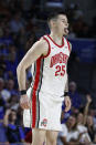 Ohio State forward Kyle Young (25) reacts during the second half of the team's NCAA college basketball game against Seton Hall on Monday, Nov. 22, 2021, in Fort Myers, Fla. (AP Photo/Scott Audette)