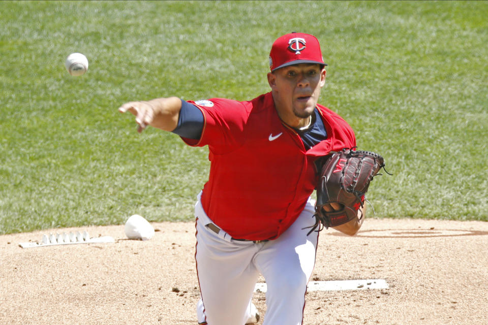 Minnesota Twins pitcher Jose Berrios throws Pittsburgh Pirates in the first inning of a baseball game Tuesday, Aug. 4, 2020, in Minneapolis. (AP Photo/Jim Mone)