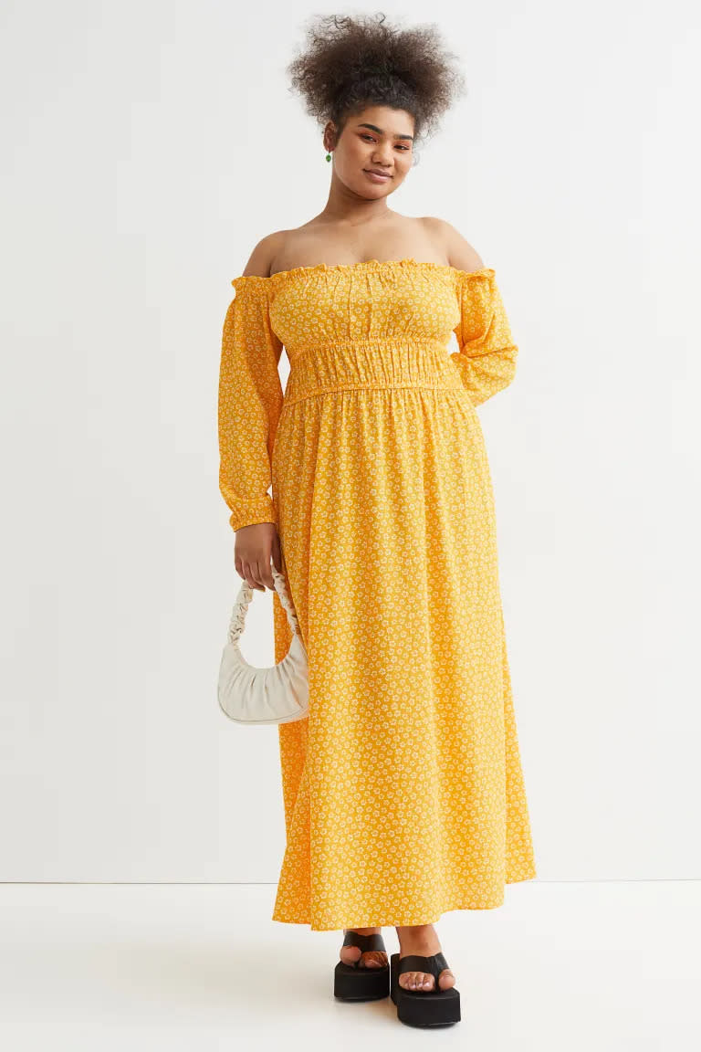 <h2>H&M+ Off-The-Shoulder Crêped Dress </h2><br><em><strong>The Delicate Off-The-Shoulder Dress </strong></em><br><br><strong>The Hype: </strong>4.5 out of 5 stars; 13 on HM.com <br><br>If you like accentuating your shoulders, glide into this off-the-shoulder dress. It has a dainty floral print over a graceful woven crêped fabric. You won't have to worry too much about slipping down, as there's elastic in the ruffled upper edge, below the bust, and at the waist. <br><br>"I love the fit and look of this dress. I usually wear an XL but purchased [an] L, which fit perfectly. I'd definitely buy it again in a different color," writes a reviewer. <br><br><em>Shop <strong><a href="https://www2.hm.com/en_us/index.html" rel="nofollow noopener" target="_blank" data-ylk="slk:H&M" class="link ">H&M </a></strong></em>