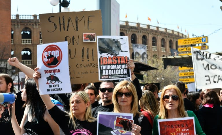 Anti-bullfighting protesters demonstrate in front of Valencia bullring, during the Fallas Festival in Valencia, on March 13, 2016