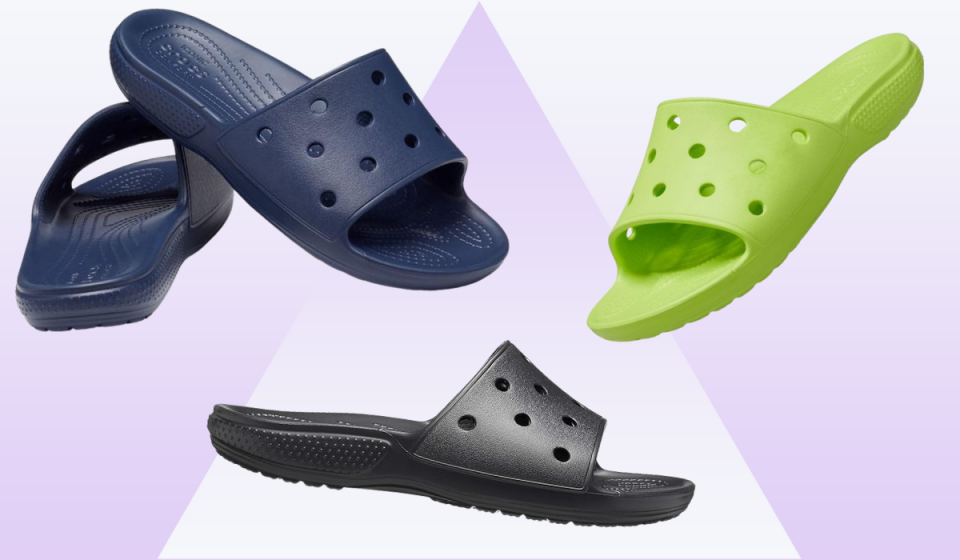 crocs slide sandals in navy, lime green and black