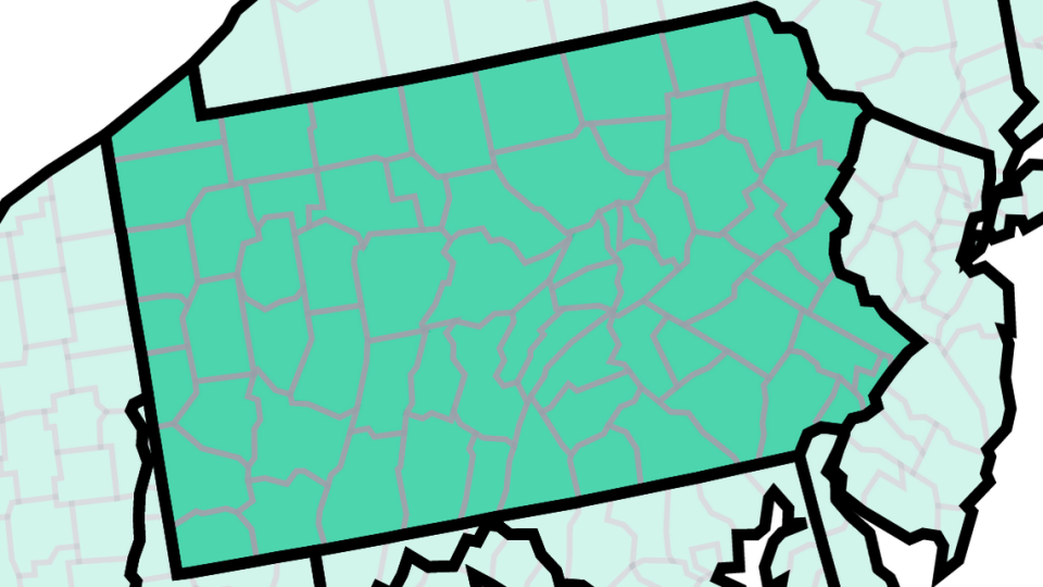 This map of Pennsylvania from the U.S. Centers for Disease Control and Prevention shows COVID-19 community levels by county as of April 21, 2023. All counties are at low (green), as opposed to medium (yellow) or high (orange).