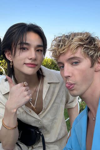 <p>troye sivan/Instagram</p> Troye Sivan and Stray Kids' Hyunjin in May 2023