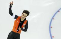 Jan Smeekens of the Netherlands reacts after the men's 500 metres speed skating race at the Adler Arena during the 2014 Sochi Winter Olympics February 10, 2014. REUTERS/Phil Noble (RUSSIA - Tags: OLYMPICS SPORT SPEED SKATING)