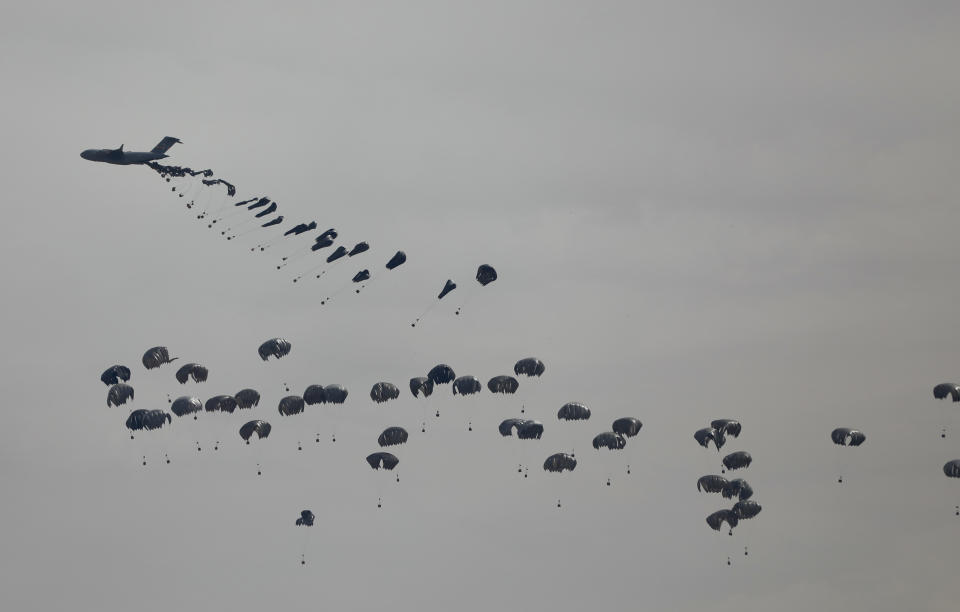 Humanitarian aid is airdropped to Palestinians in Gaza City, Gaza Strip, on Sunday, March 17, 2024. (AP Photo/Mohammed Hajjar)