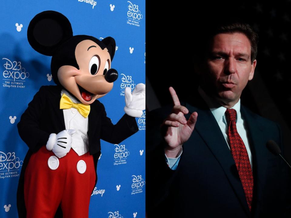 A picture of a Micky Mouse mascot posing for a picture at the D23 expo next to a picture of Florida Gov. Ron DeSantis gesturing with his finger.