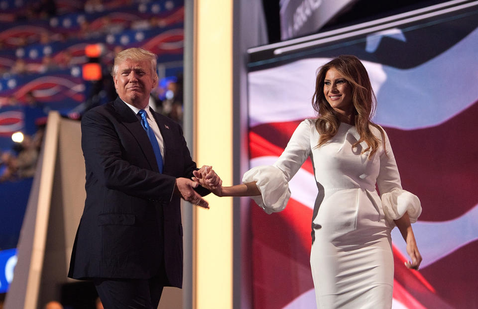 Donald Trump walks off with his wife, Melanie Trump, after she spoke at the Republican National Convention on July 18, 2016, in Cleveland.  (Photo:  Khue Bui for Yahoo News)