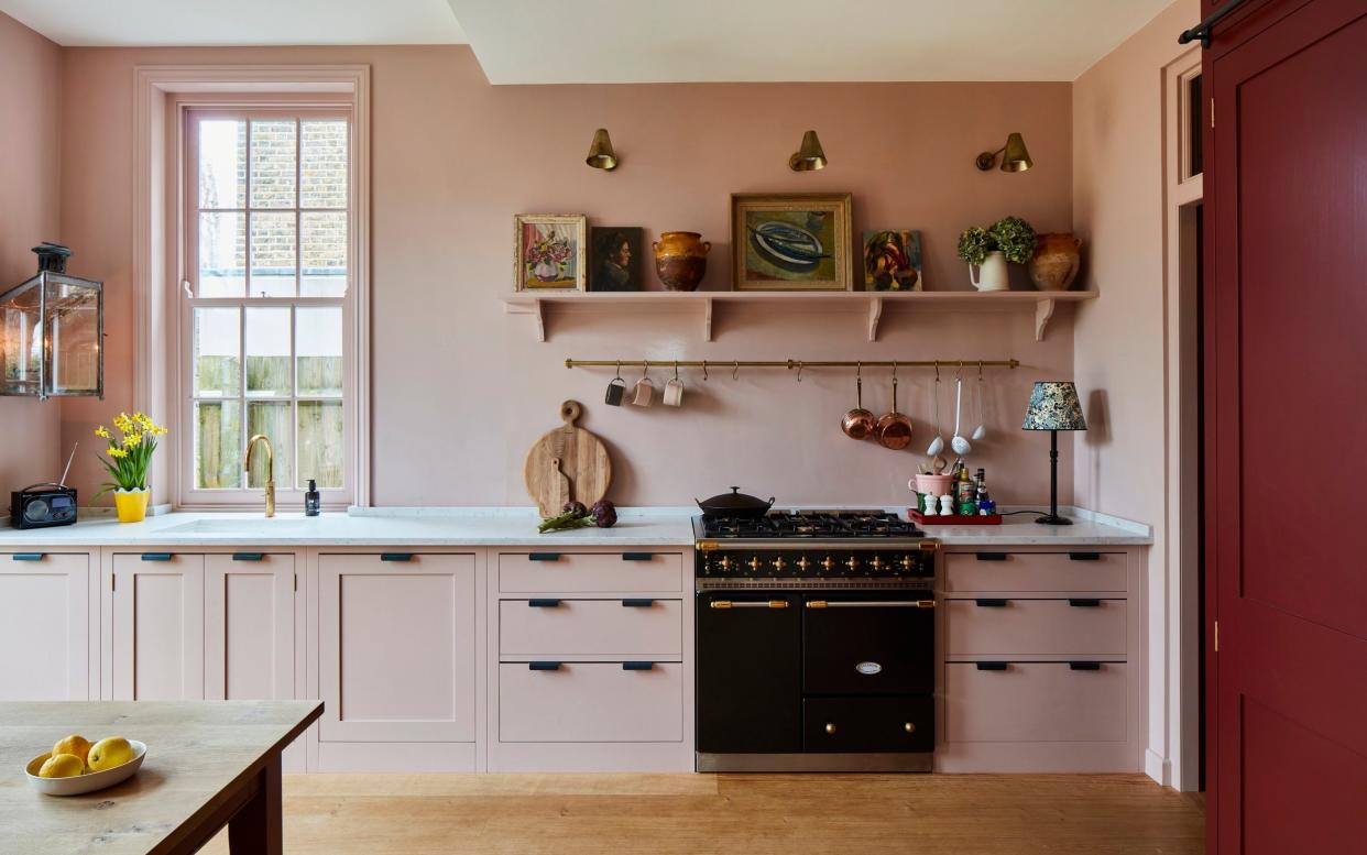 Interior designer Sarah Brown's pink kitchen: she advises choosing a pale plaster pink with yellow undertones, which will read as a neutral