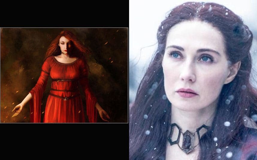 Melisandre, as portrayed by a fan illustration (left) and as Carice van Houten in HBO's Game of Thrones