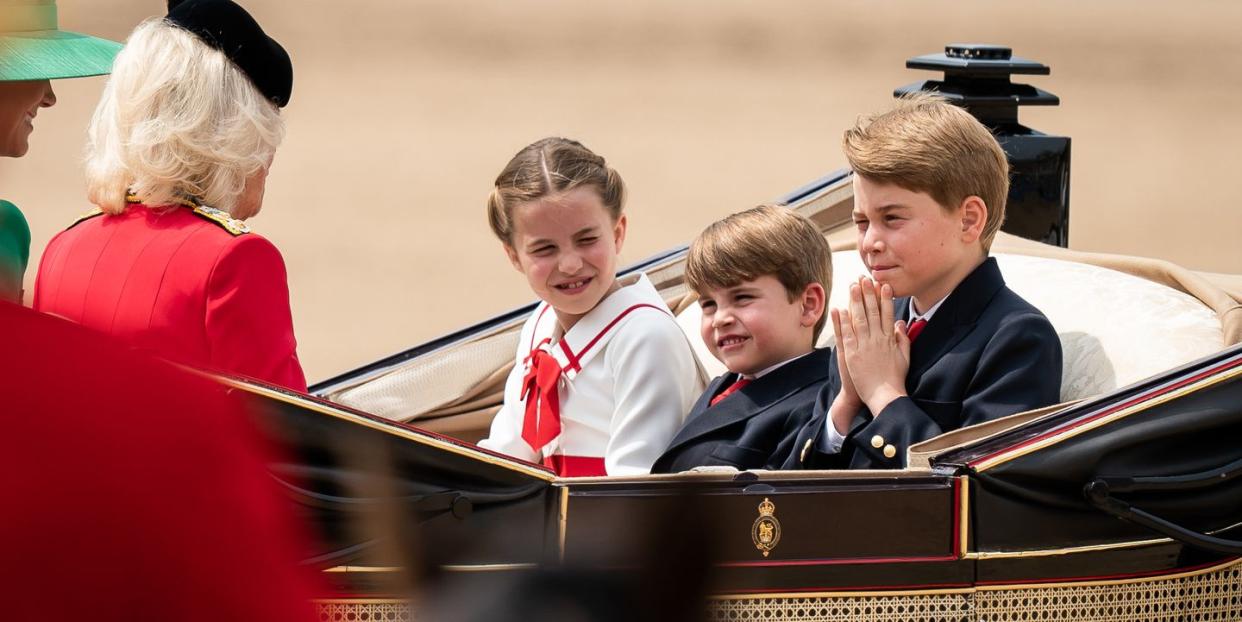 queen camilla, prince george right, prince louis, the princess of wales left and princess charlotte ride in a carriage as they take part in the royal procession as it returns to buckingham palace after the trooping the colour ceremony at horse guards parade, central london, as king charles iii celebrates his first official birthday since becoming sovereign picture date saturday june 17, 2023 photo by aaron chownpa images via getty images