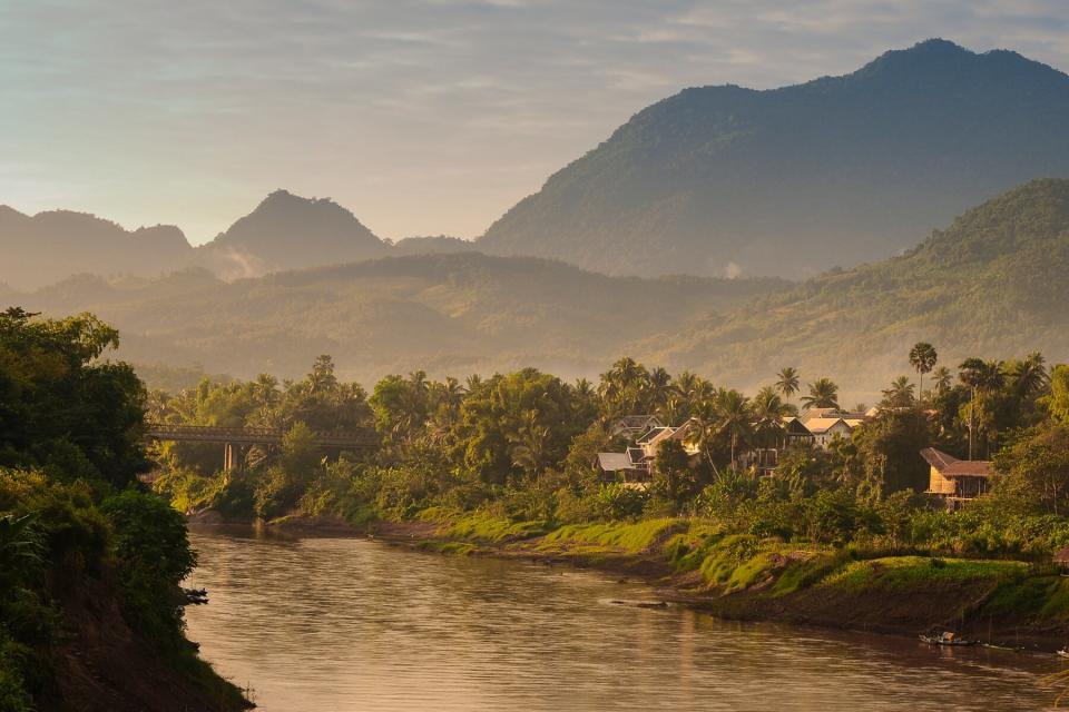 Lao People's Democratic Republic, Luang Prabang Province, vie of Luang Prabang and Nam Khan River from Phousi Mountain.