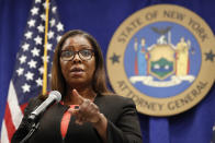 FILE - In this Aug. 6, 2020 file photo, New York State Attorney General Letitia James takes a question at a news conference in New York. New York's comptroller has asked the state attorney general's office to launch a criminal investigation into whether New York Gov. Andrew Cuomo used state resources to write and promote his book on leadership in the COVID-19 pandemic. On Monday, April 19, 2021 the state comptroller's office released a letter from earlier this month authorizing James to investigate whether the process of writing and promoting the book violated state laws. (AP Photo/Kathy Willens, File)