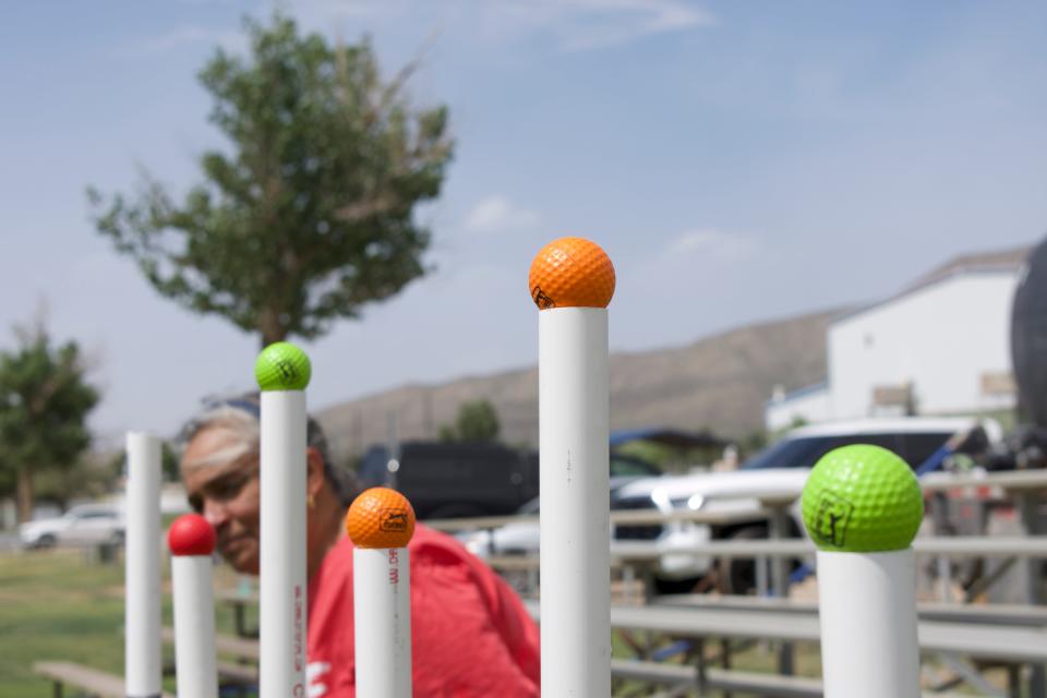 Golf balls set up by Joy Bordenave for the children's circuit at the Juneteenth event in Washington Park on Saturday, June 17 in Alamogordo, NM