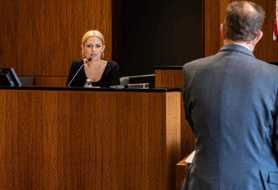 Jessica Zahrt, the mother of two Utah siblings who barricaded themselves in a bedroom earlier this year to protest a court order, testifies at a custody trial on Dec. 11, 2023.