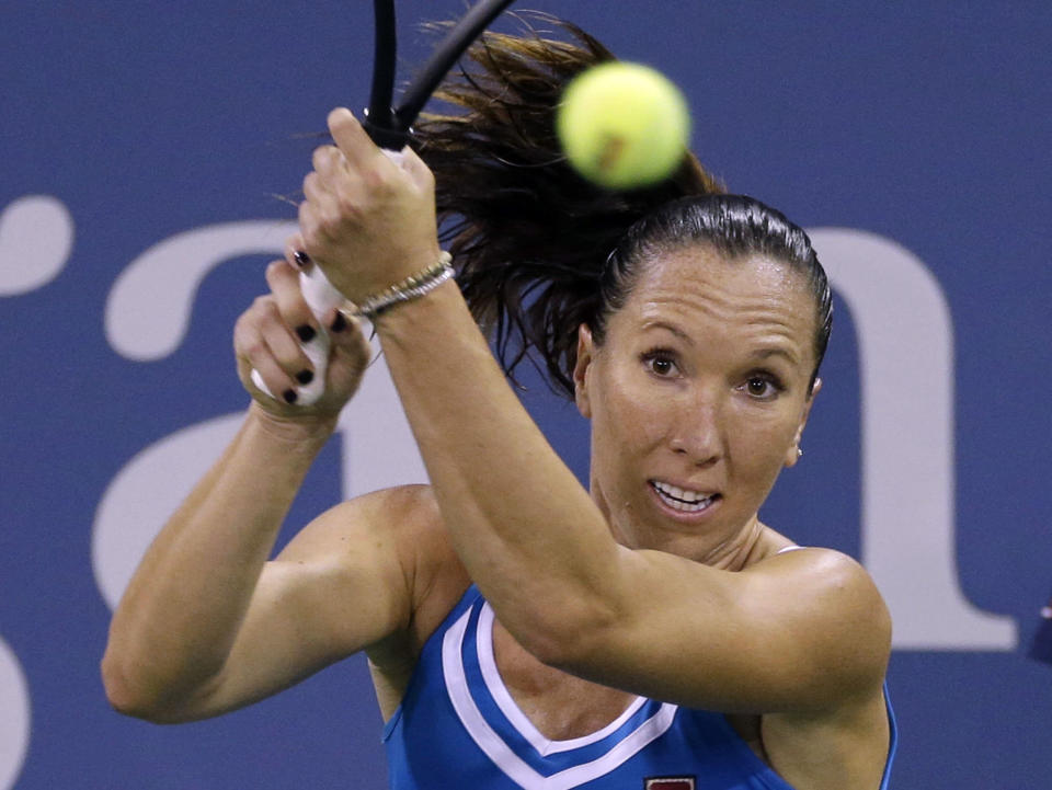 Serbia's Jelena Jankovic returns a shot to Madison Keys during the opening round of the U.S. Open tennis tournament Monday, Aug. 26, 2013, in New York. (AP Photo/Darron Cummings)