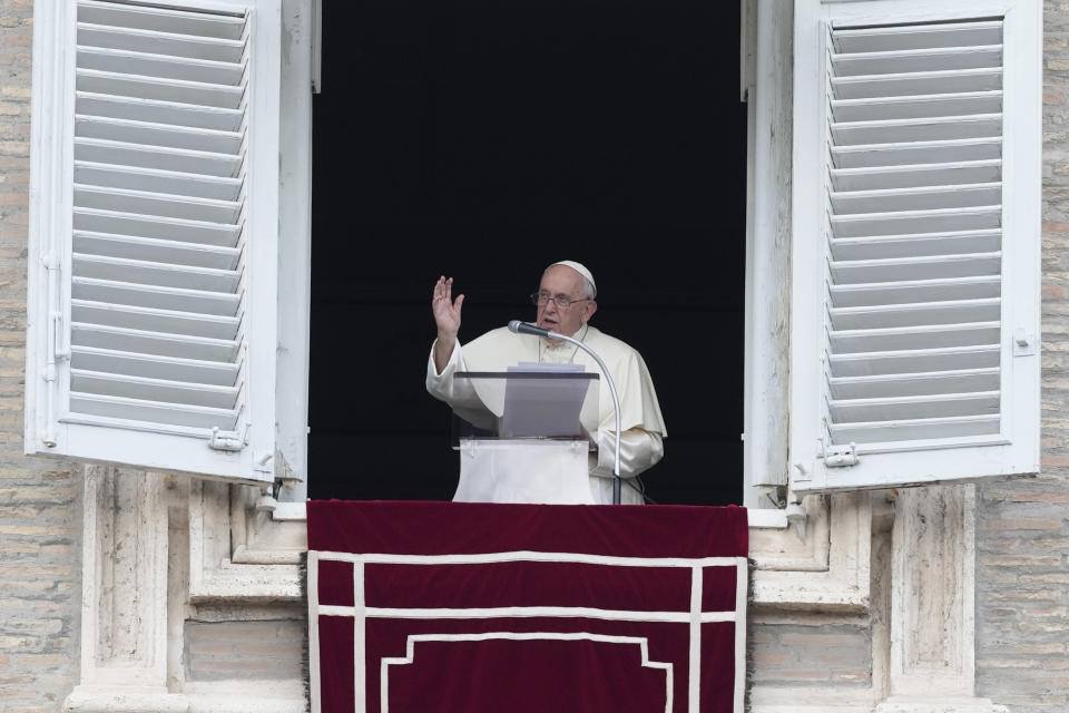 Pope Francis delivers his blessing during the Angelus noon prayer from the window of his studio overlooking St.Peter's Square, at the Vatican, Sunday, July 2, 2023. (AP Photo/Alessandra Tarantino)