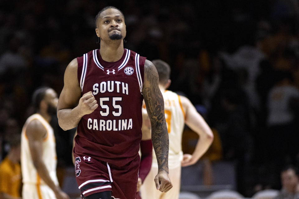 South Carolina guard Ta'Lon Cooper (55) reacts to winning an NCAA college basketball game against Tennessee, Tuesday, Jan. 30, 2024, in Knoxville, Tenn. (AP Photo/Wade Payne)